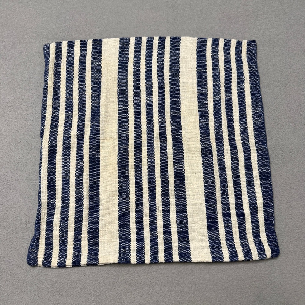 Crate & Barrel Celena Stripe Pillow Cover 23x23 Blue White Cotton Woven Coastal